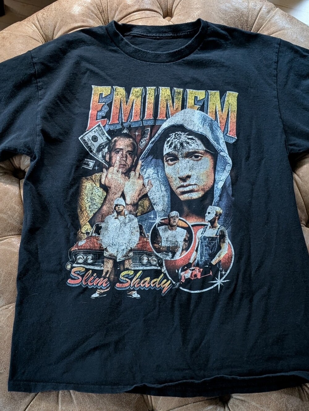 Eminem Slim Shady Y2K Style Multi Face Graphic Print T-Shirt Men's Medium Black